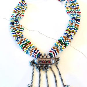 Vintage Rabari Ceremonial Necklace, Protective Amulet, Articulated Chain + Bell Dangles, Glass Beads, Gujarat, India