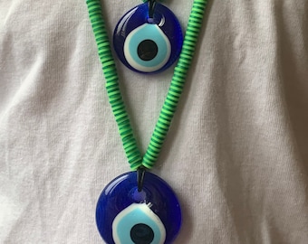 Blue Evil eye necklace,Glass Evil eye,Good Luck,Evil eye charm necklace,Handmade necklace,The amulet necklace,Polymer clay beads necklace