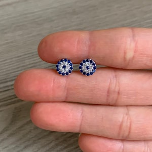 925 Sterling Silver Earrings,Zircon silver earrings,Tiny Evil eye stud earrings,Blue Evil eye silver earrings,Handmade earrings,Gift for her