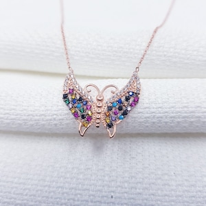 Butterfly Rose necklace with colorful stones, butterfly silver necklace,butterfly necklace,butterfly choker Necklace,gift for her,Handmade