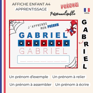 J'apprends à écrire mon prénom apprentissage enfant support je m'appelle  alphabet apprendre écrire prenom spiderman affiche maternelle