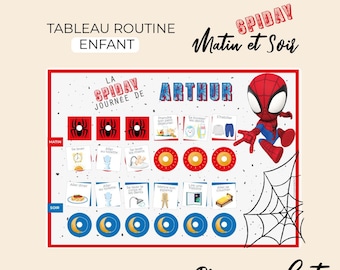 SPIDAY Tableau routine Matin et Soir Enfant Montessori 6 vignettes taches quotidiennes fan de spiderman