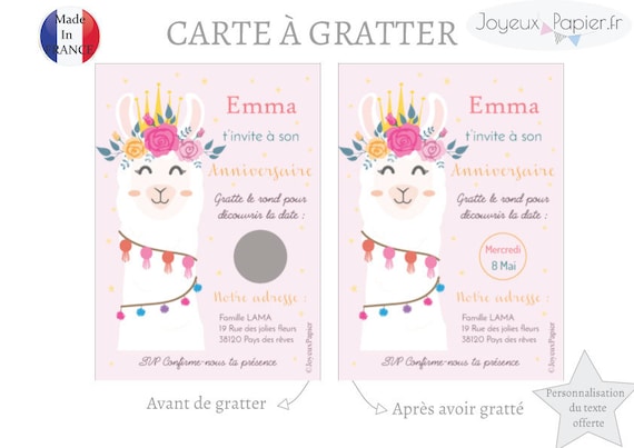 Carte à gratter invitation d'anniversaire thème licorne fille