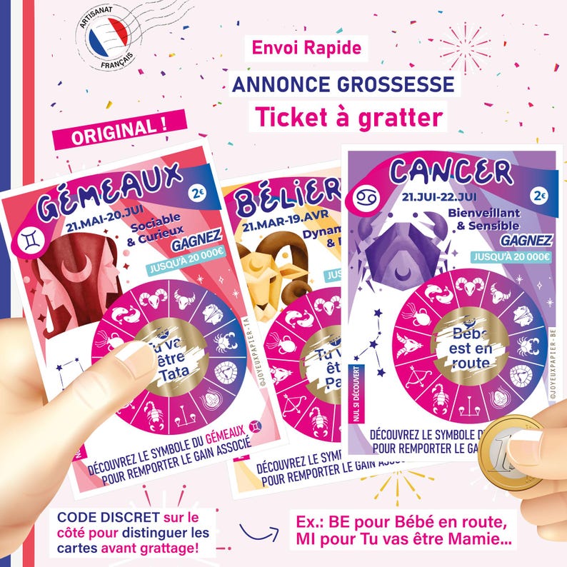 May include: Three colorful scratch-off cards with zodiac signs: Gemini, Aries, and Cancer. Each card has a pink and white circular design with a zodiac symbol and text in French. The text on the cards includes the dates for each zodiac sign, the name of the sign, and the characteristics of the sign. The cards are designed for announcing a pregnancy.