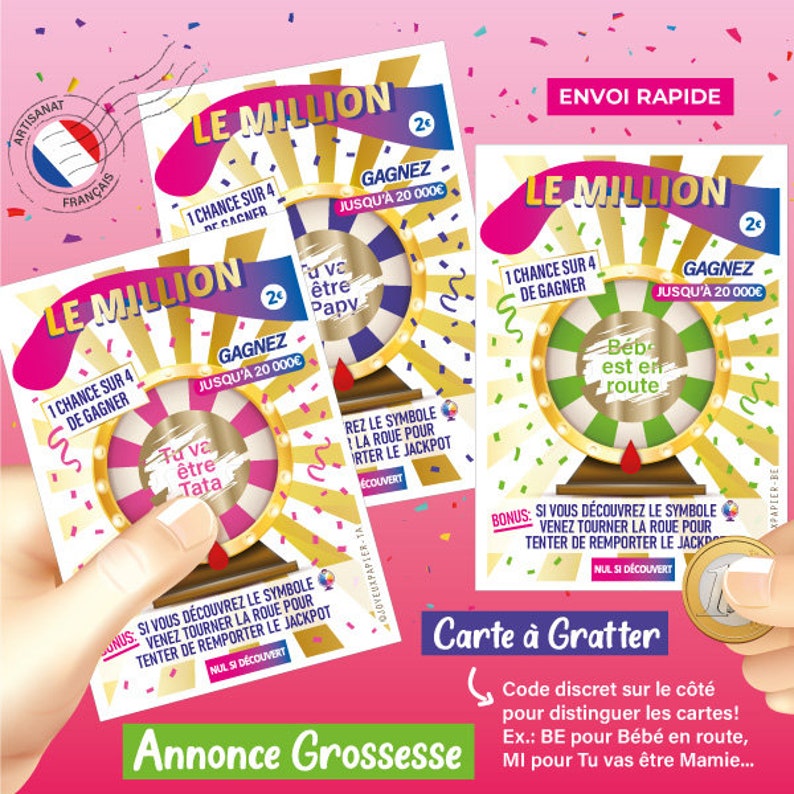 Puede incluir: Dos boletos de loter&iacute;a para rascar con fondo rosa. Los boletos son para un juego llamado "Le Million" y ofrecen la posibilidad de ganar hasta 20.000 euros. Los boletos presentan una rueda con diferentes s&iacute;mbolos, entre ellos "Tu va &ecirc;tre Tata" y "Tu va &ecirc;tre Papy".