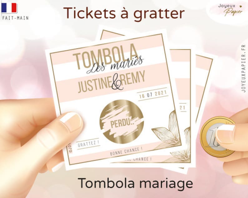 Tombola mariage personnalisée lot de tickets carte jeu à gratter personnalisé animation originale en alternative au jeu de la jarretière image 2