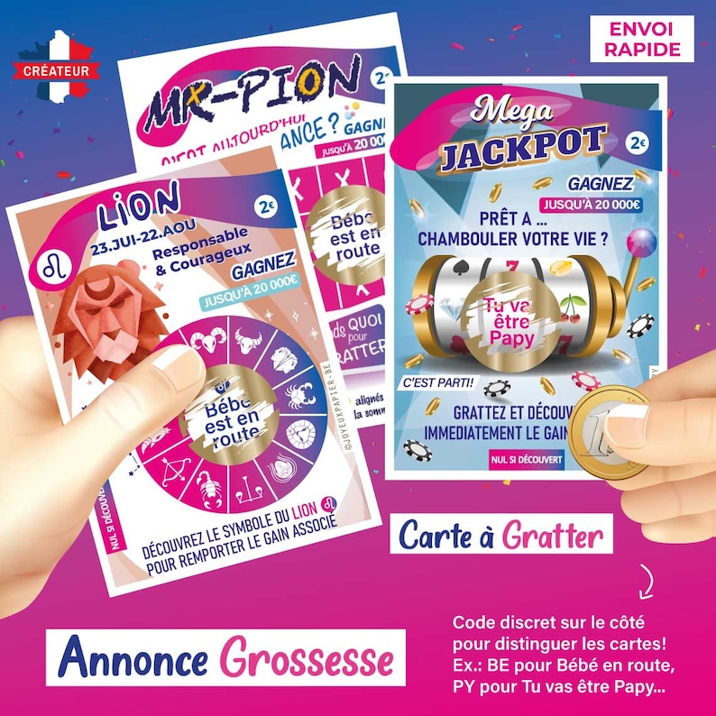 Annonce grossesse originale carte à gratter ticket le million astro tu vas être tata, tonton, papy, mamie... bébé est en route grand parents lion