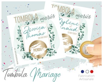 Tombola mariage personnalisée lot de tickets carte jeu à gratter personnalisé animation en alternative jarretière eucalyptus thème nature