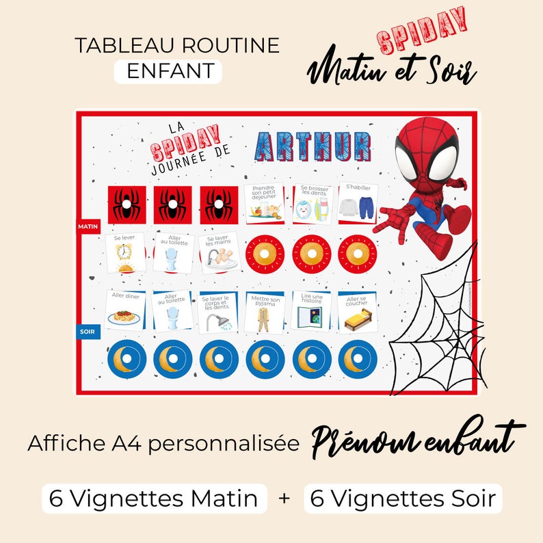 Tableau routine journalière Matin et Soir Enfant Montessori 6 vignettes taches quotidiennes Arc en ciel SpiDay