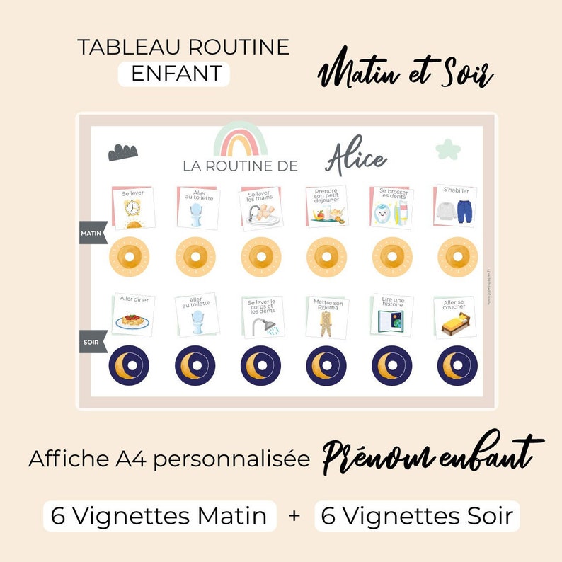 Tableau routine journalière Matin et Soir Enfant Montessori 6 vignettes taches quotidiennes Arc en ciel image 2