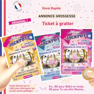 May include: A pink and yellow scratch-off ticket with the text "Mega Jackpot" and "Gagnez jusqu'&agrave; 20 000&euro;". The ticket has a slot machine design with images of a baby, a cherry, and a number 7. The text "Pr&ecirc;t &agrave;... Chambouler votre vie?" is also on the ticket.