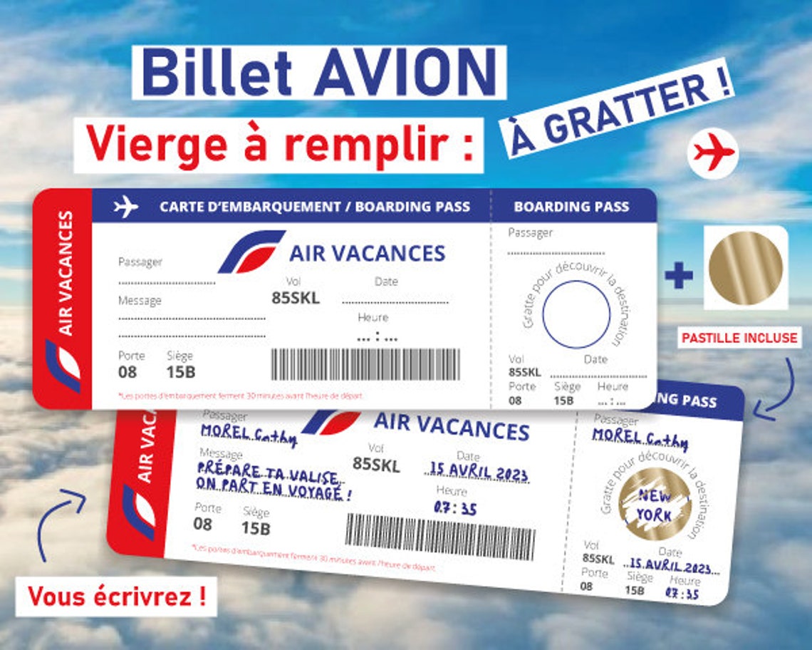 Billet avion à remplir ou personnalisable à gratter Carte - Etsy France
