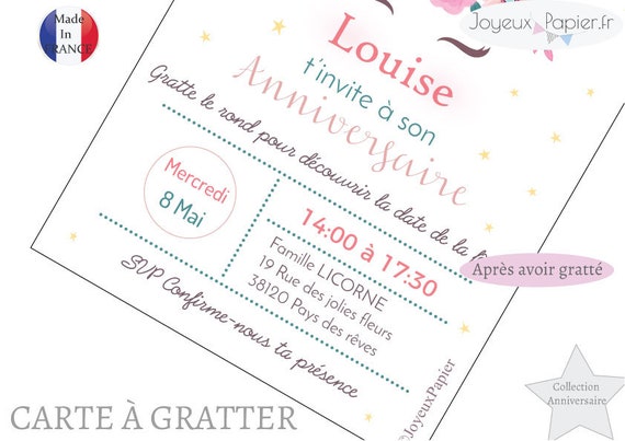 Carte à gratter invitation anniversaire enfant fille modèle licorne fleurie  -  France