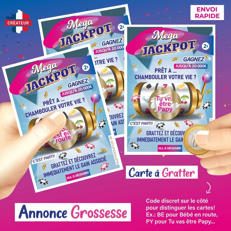 Pregnancy announcement scratch card, similar game to the FDJ (French National Lottery), original idea: scratch card jackpot, dad, grandparents, family. Fast delivery in France. image 3