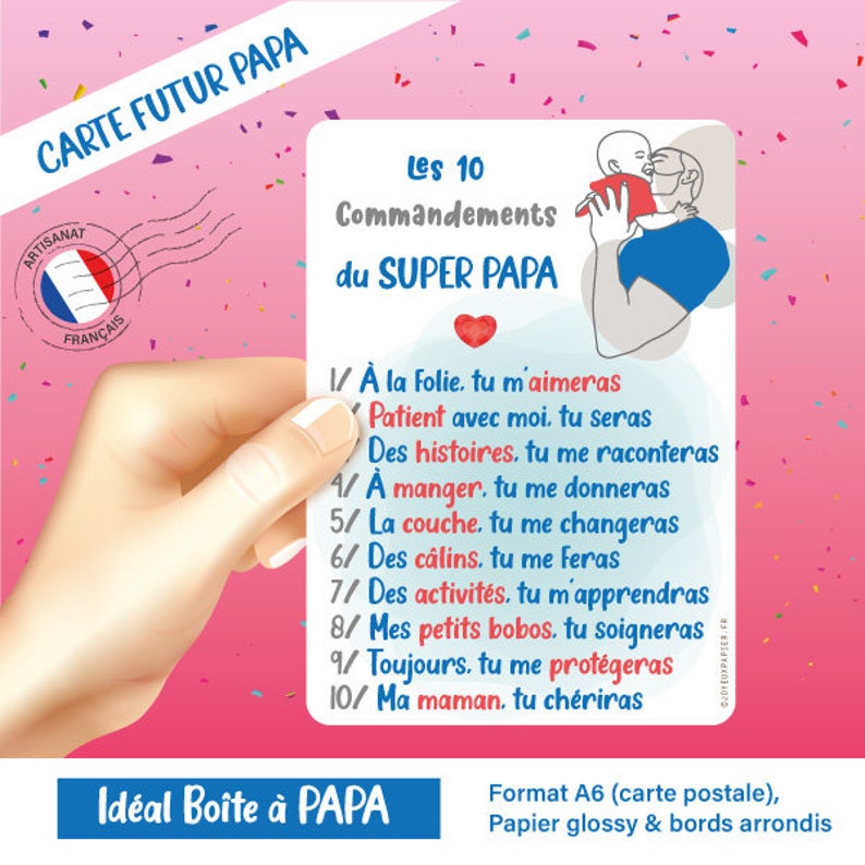 Carte 10 commandements du Super Papa boite à papa Annonce grossesse originale futur papa fait main en france cadeau surprise humour / rapide Garçon (rouge)