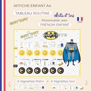Puede incluir: Un gráfico imprimible para niños con temática de Batman. El gráfico está diseñado para ayudar a los niños a aprender su rutina diaria. Incluye imágenes de actividades como vestirse, cepillarse los dientes e irse a la cama. El gráfico está personalizado con el nombre "Baptiste".