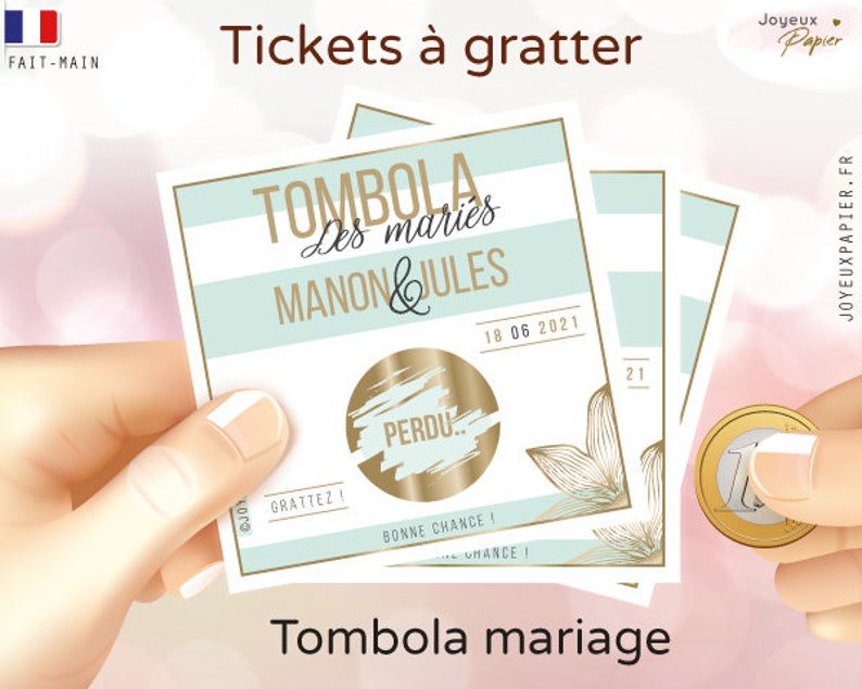 Tombola mariage personnalisée lot de tickets carte jeu à gratter personnalisé animation originale en alternative au jeu de la jarretière image 3