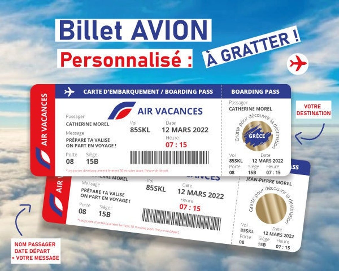 Billet avion à remplir ou personnalisable à gratter Carte - Etsy France