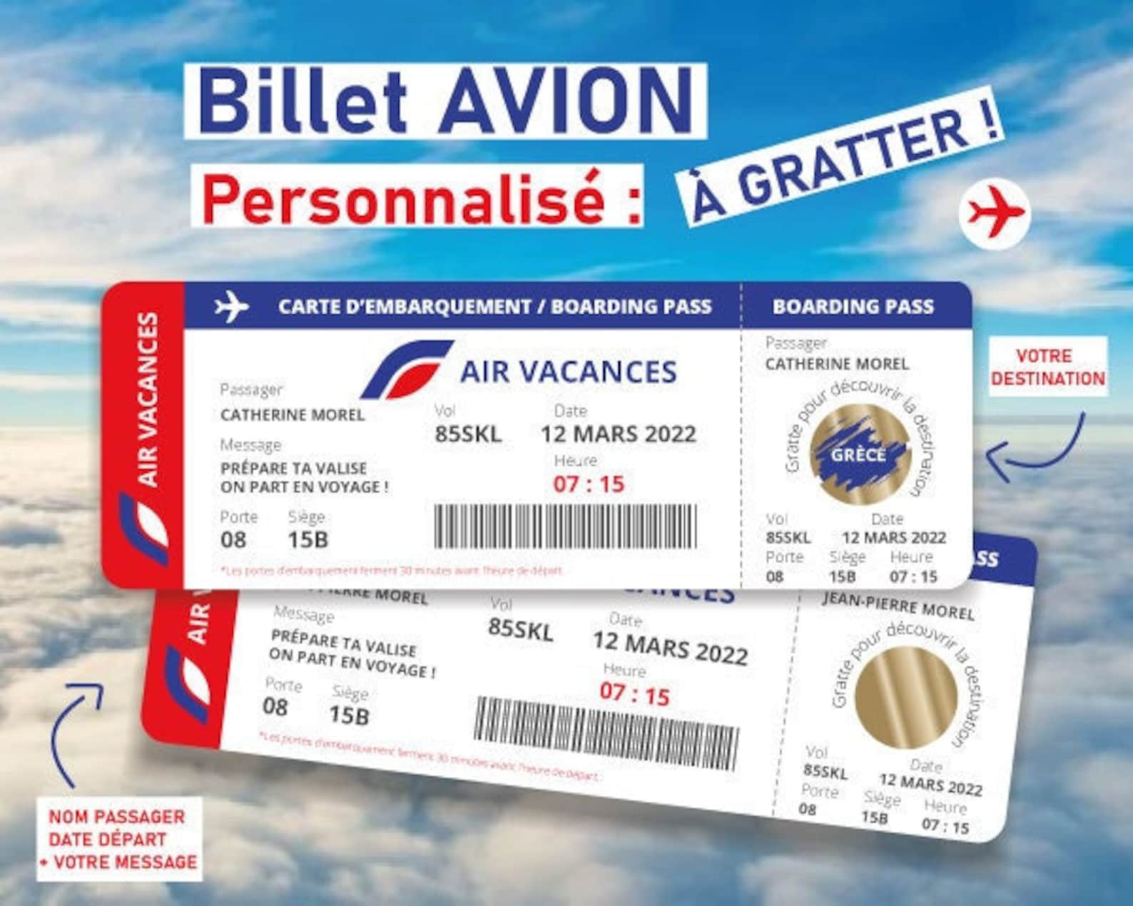 Billet avion à remplir ou personnalisable à gratter Carte Etsy France