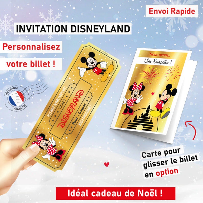 Ticket invitation Disneyland Billet personnalisable Carte surprise personnalisée annonce voyage originale cadeau noel eurodisney enfant Ticket Or + Carte