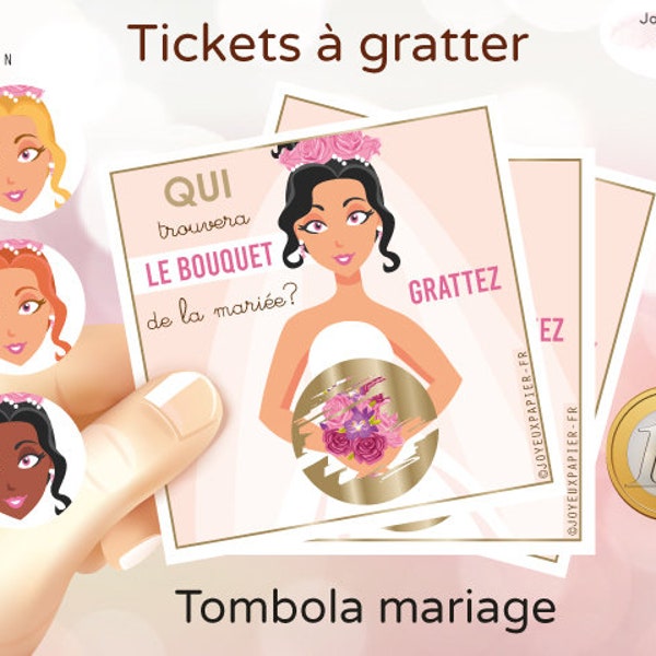 jeu bouquet de la mariée Tombola mariage personnalisée ou neutre lot de tickets carte jeu à gratter animation alternative jarretière