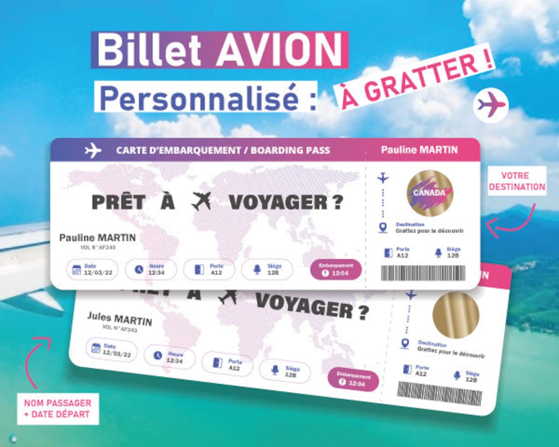 Billet avion à remplir ou personnalisable à gratter Carte - Etsy France