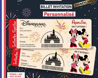 Ticket invitation Disneyland Billet personnalisable Carte surprise personnalisée annonce voyage originale cadeau noel eurodisney enfant