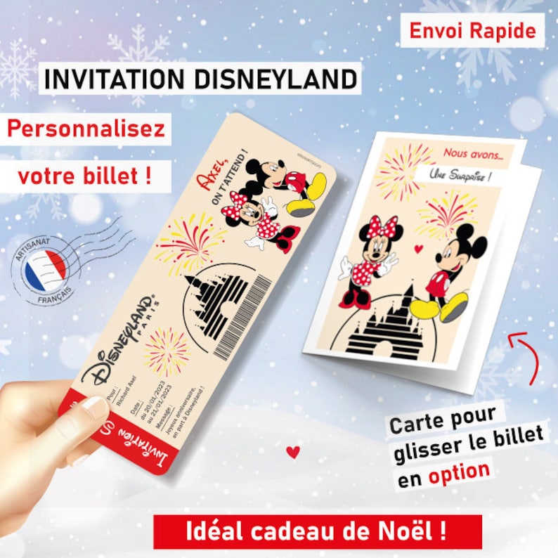 Disneyland invitation ticket Customizable ticket Personalized surprise card original travel announcement Eurodisney Christmas gift for children Invitation + Carte