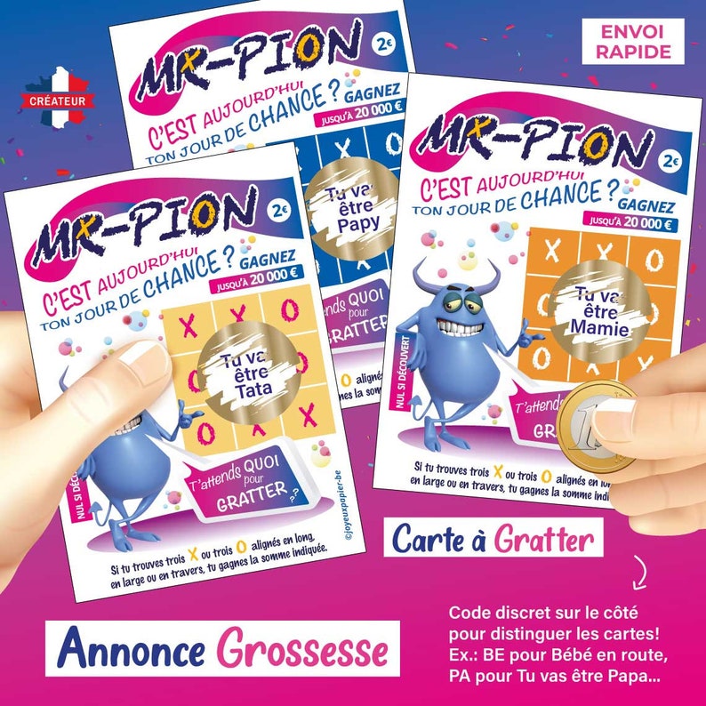 May include: A blue and pink scratch-off game card with a cartoon monster and the text "Mr-Pion" and "C'est aujourd'hui ton jour de chance? Gagnez jusqu'a 20 000 euros".