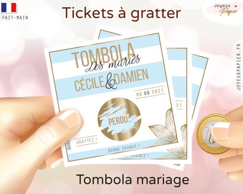 Tombola mariage personnalisée lot de tickets carte jeu à gratter personnalisé animation originale en alternative au jeu de la jarretière image 4