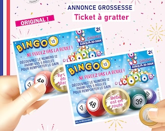 May include: A blue and white bingo card with the text "BINGO" and "NE PERDEZ PAS LA BOULE!"  The card has a scratch-off area and a code on the side. The card is being held by a hand. The text on the card is in French.