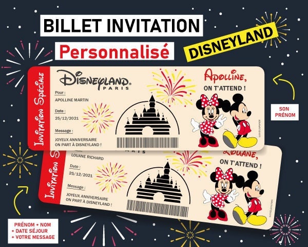 Ticket invitation Disneyland Billet personnalisable Carte surprise  personnalisée annonce voyage originale cadeau noel eurodisney enfant -   France