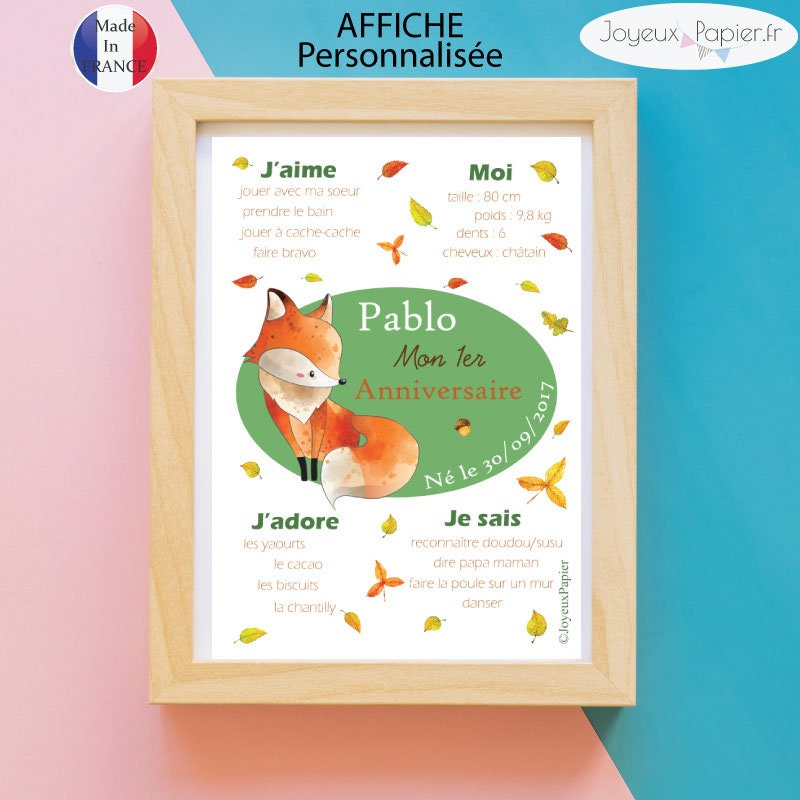 Affiche Premier Anniversaire 1 An 2, 3 Ans... Personnalisée Chambre Bébé Enfant Modèle Renard Poster
