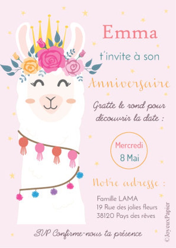 5 cartes d'invitation Lama + 5 enveloppes