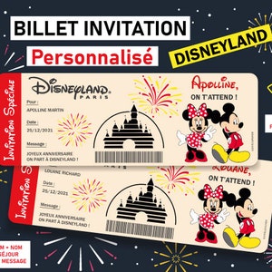 Ticket invitation Disneyland Billet personnalisable Carte surprise personnalisée annonce voyage originale cadeau noel eurodisney enfant invitation Disney