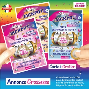 Pregnancy announcement scratch card, similar game to the FDJ (French National Lottery), original idea: scratch card jackpot, dad, grandparents, family. Fast delivery in France. image 6