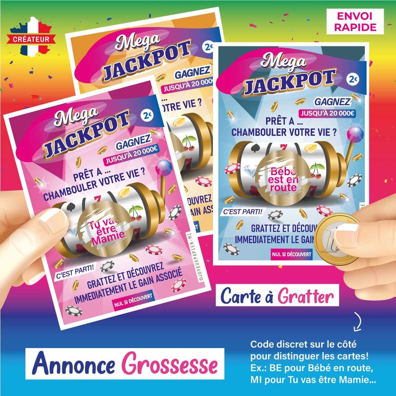 Pregnancy announcement scratch card, similar game to the FDJ (French National Lottery), original idea: scratch card jackpot, dad, grandparents, family. Fast delivery in France. image 6