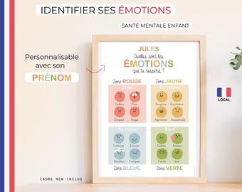 May include: A printable poster for children to help them identify their emotions. The poster is divided into four zones: red, yellow, blue, and green. Each zone has a different set of emotions and corresponding facial expressions. The poster is titled "Jules: Quelles sont les émotions que tu ressens?" and is personalized with the name "Jules".