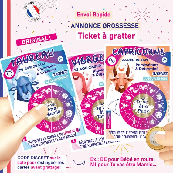 Annonce grossesse originale carte à gratter ticket astro tu vas être papy, mamie, tata, tonton... avec votre signe astrologie du zodiaque