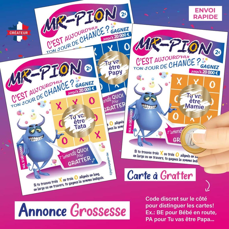 Pregnancy announcement scratch card, similar game to the FDJ (French National Lottery), original idea: scratch card jackpot, dad, grandparents, family. Fast delivery in France. MrPion