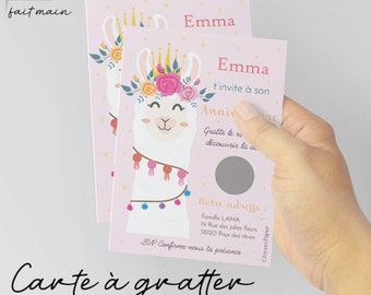 Carte à gratter invitation anniversaire enfant fille modèle licorne lama fleuri