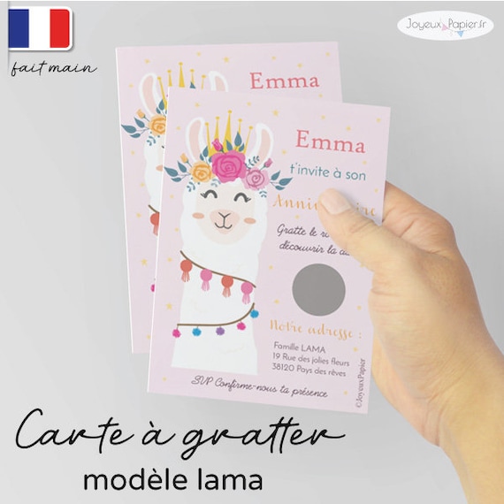 Carte à gratter invitation anniversaire enfant fille modèle licorne lama  fleuri -  France