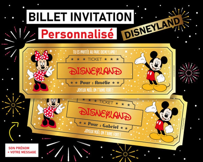 Ticket invitation Disneyland Billet personnalisable Carte surprise personnalisée annonce voyage originale cadeau noel eurodisney enfant ticket or disneyland