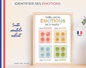 May include: A colorful chart titled "Quelles sont les ÉMOTIONS que tu ressens?" with four zones: Red, Yellow, Blue, and Green. Each zone has a title and a set of emotions with corresponding cartoon faces. The chart is designed to help children identify and understand their emotions.