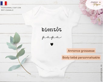 Annonce grossesse originale body bébé personnalisable bientôt papa ou personnalisé prénom bébé naissance 4tailles customisé en france rapide