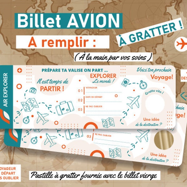 Billet avion à remplir ou personnalisable à gratter Carte d'embarquement surprise annonce voyage originale cadeau noel personnalisé vacances