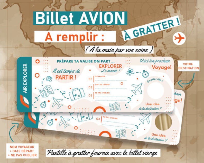 Billet avion à remplir ou personnalisable à gratter Carte - Etsy France