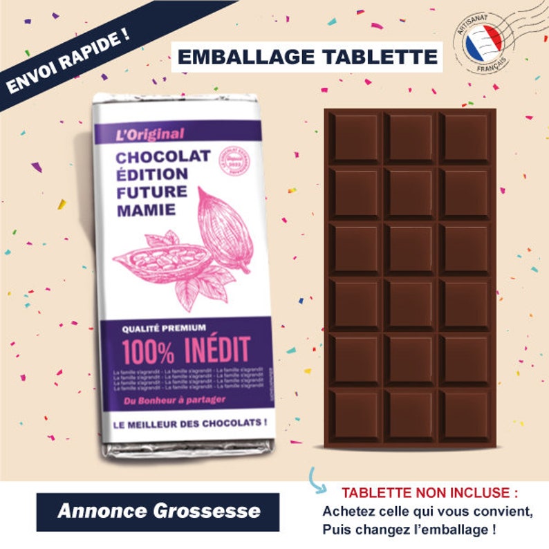 May include: A chocolate bar wrapper with a pink and white design. The wrapper features the text "L'Original Chocolat Edition Future Mamie" and "Qualit&eacute; Premium 100% In&eacute;dit". The wrapper is next to a chocolate bar with a brown wrapper.