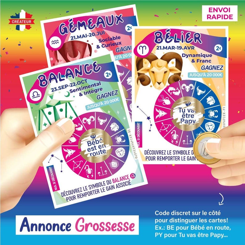 May include: Three colorful scratch-off cards with zodiac signs, including Gemini, Libra, and Aries. Each card features a different symbol and a message related to pregnancy. The cards are designed to announce a pregnancy in a fun and unique way.