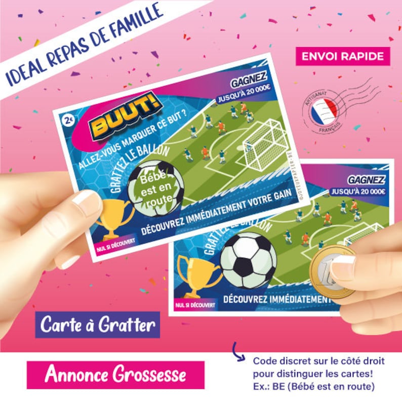 Pregnancy announcement scratch card, similar game to the FDJ (French National Lottery), original idea: scratch card jackpot, dad, grandparents, family. Fast delivery in France. Buut!